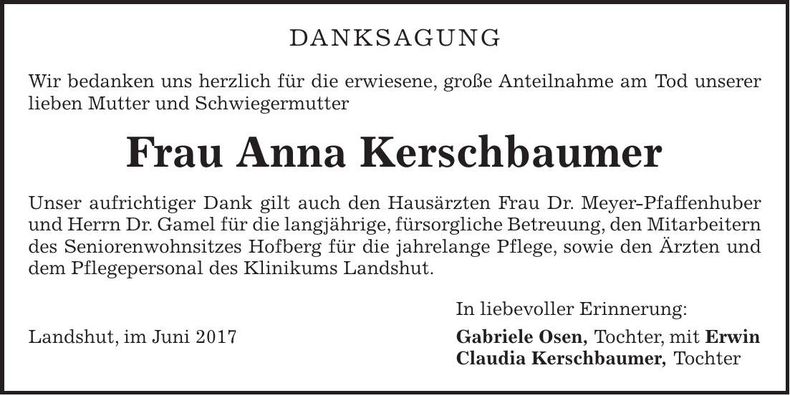 Traueranzeige Anna Kerschbaumer