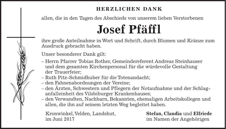 Traueranzeige Josef Pfäffl