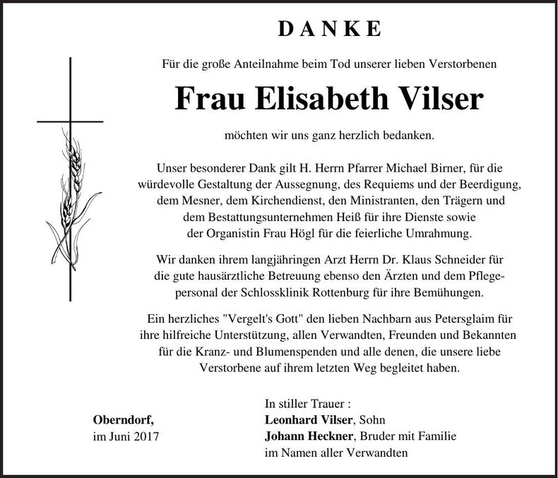 Traueranzeige Elisabeth Vilser