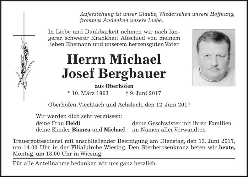 Traueranzeige Michael Josef Bergbauer