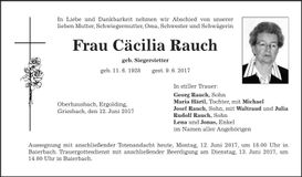 Traueranzeige Cäcilia Rauch