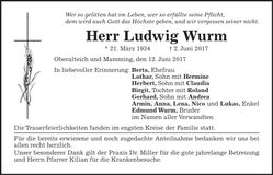 Traueranzeige Ludwig Wurm