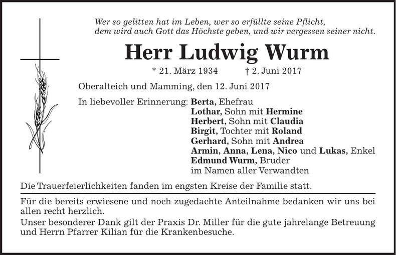 Traueranzeige Ludwig Wurm