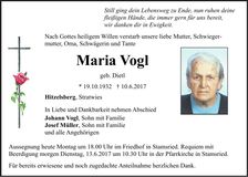 Traueranzeige Maria Vogl
