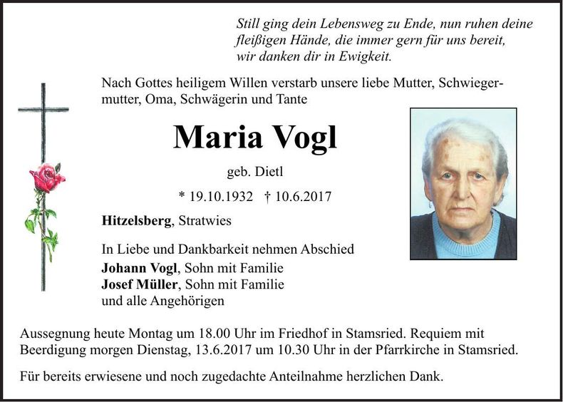 Traueranzeige Maria Vogl