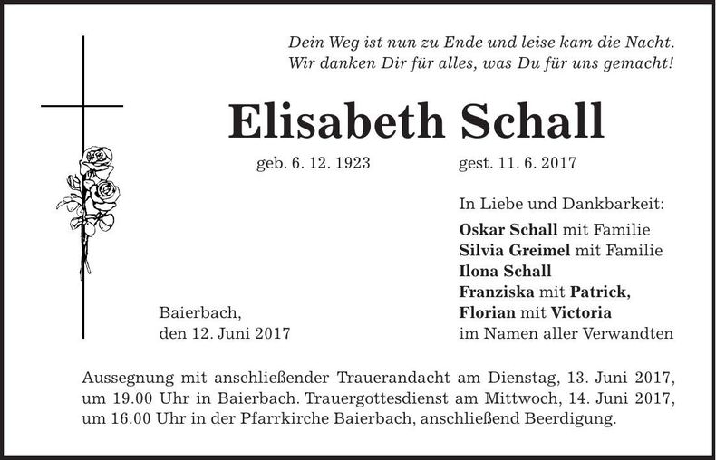 Traueranzeige Elisabeth Schall