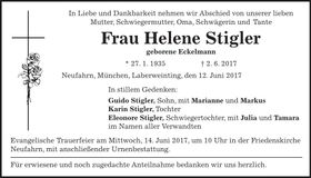 Traueranzeige Helene Stiegler