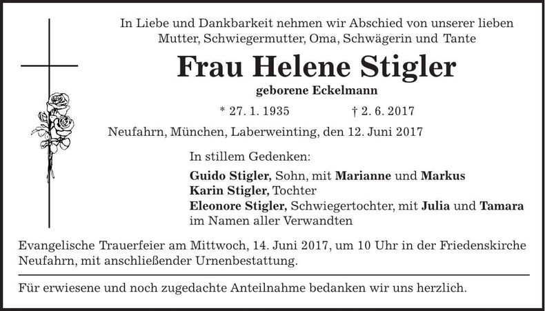 Traueranzeige Helene Stiegler