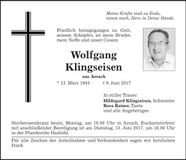 Traueranzeige Wolfgang Klingseisen