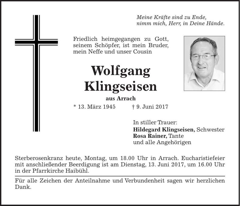 Traueranzeige Wolfgang Klingseisen