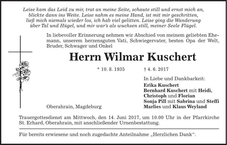 Traueranzeige Wilmar Kuschert