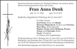 Traueranzeige Anna Denk
