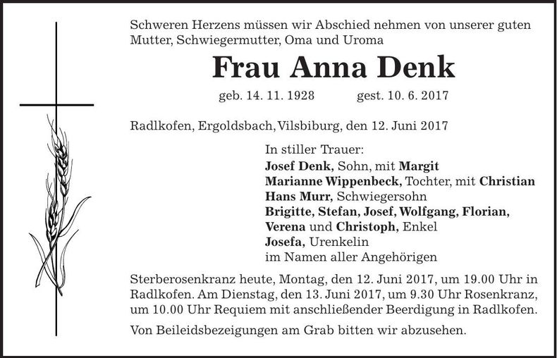 Traueranzeige Anna Denk