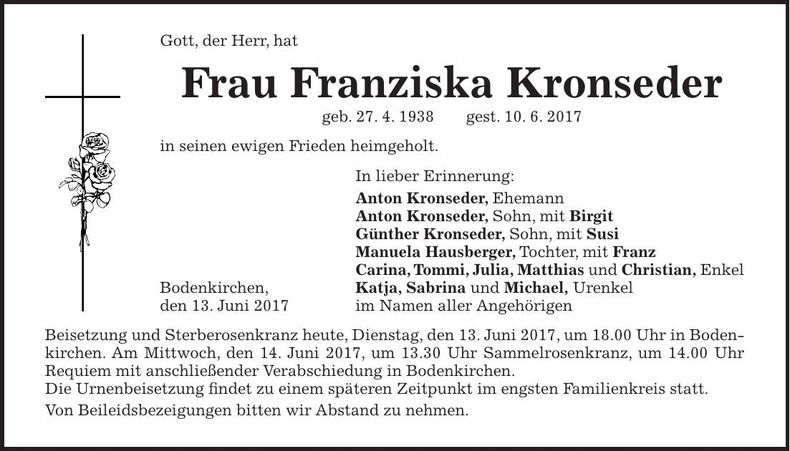Traueranzeige Franziska Kronseder