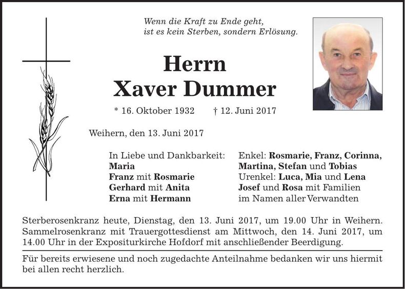 Traueranzeige Xaver Dummer