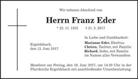 Traueranzeige Franz Eder