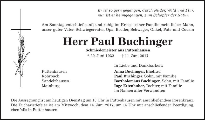 Traueranzeige Paul Buchinger