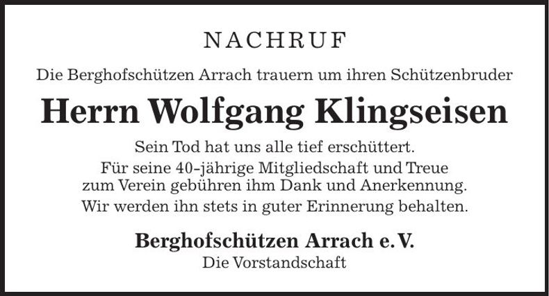 Traueranzeige Wolfgang Klingseisen