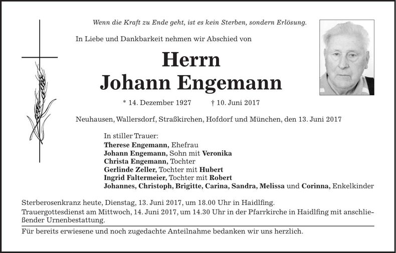 Traueranzeige Johann Engemann