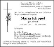 Traueranzeige Maria Klippel