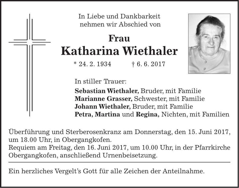Traueranzeige Katharina Wiethaler