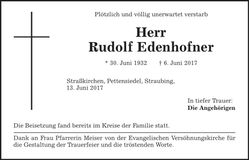 Traueranzeige Rudolf Edenhofner