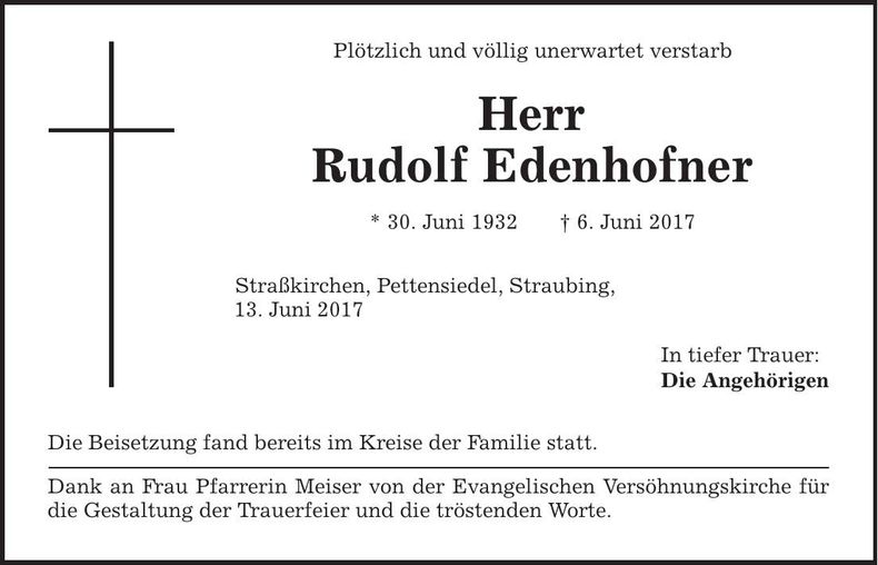 Traueranzeige Rudolf Edenhofner