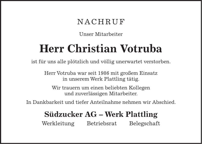 Traueranzeige Christian Votruba