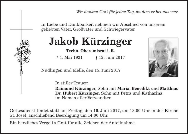 Traueranzeige Jakob Kürzinger