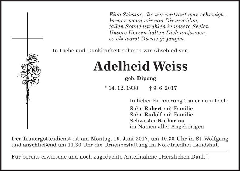 Traueranzeige Adelheid Weiss