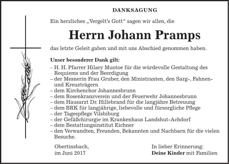 Traueranzeige Johann Pramps