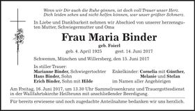Traueranzeige Maria Binder