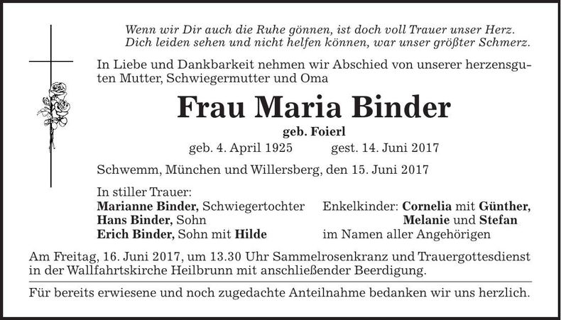 Traueranzeige Maria Binder