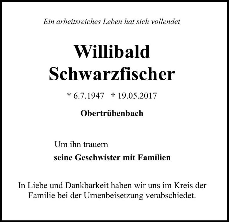 Traueranzeige Willibald Schwarzfischer