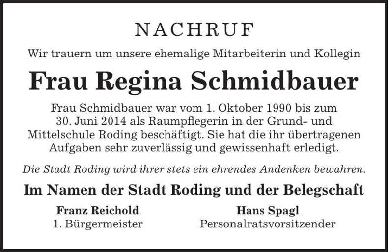Traueranzeige Regina Schmidbauer