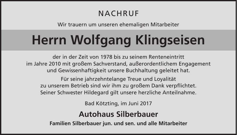 Traueranzeige Wolfgang Klingseisen