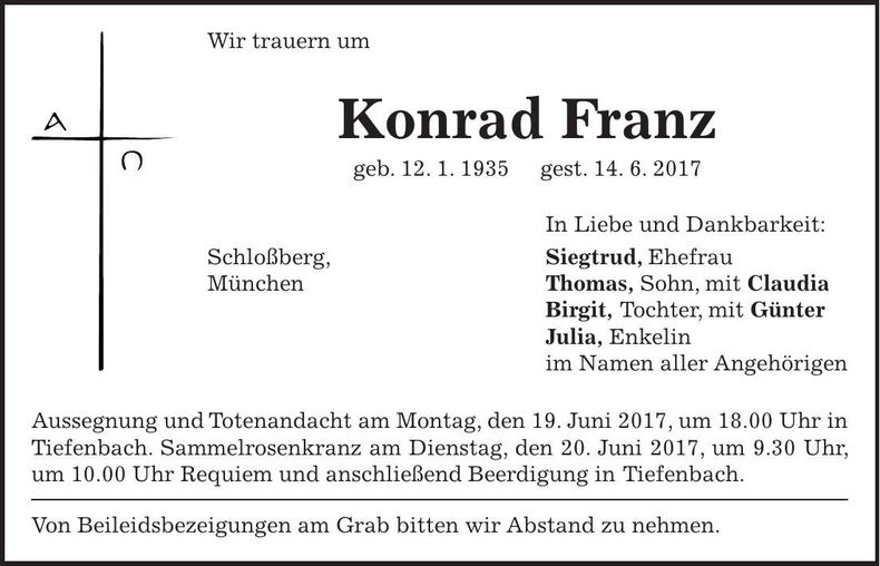 Traueranzeige Konrad Franz