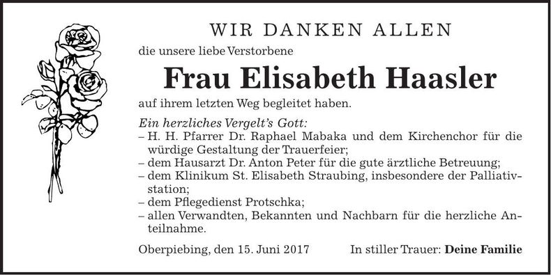 Traueranzeige Elisabeth Haasler