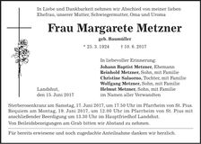 Traueranzeige Margarete Metzner