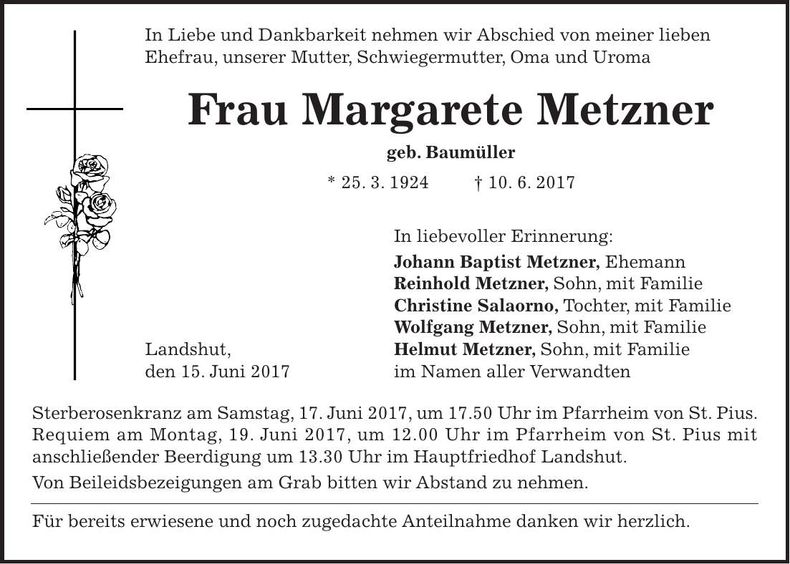 Traueranzeige Margarete Metzner