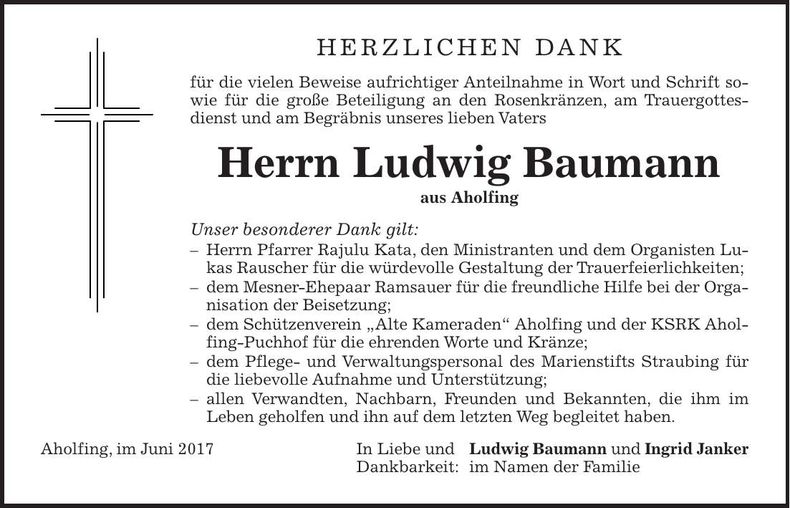 Traueranzeige Ludwig Baumann