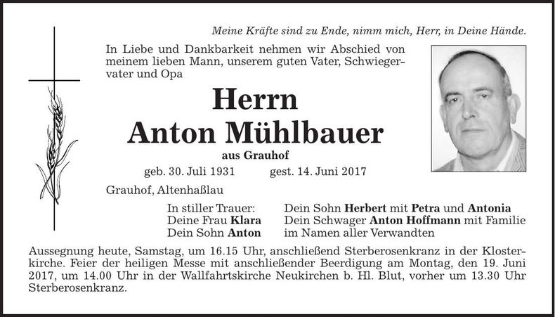 Traueranzeige Anton Mühlbauer