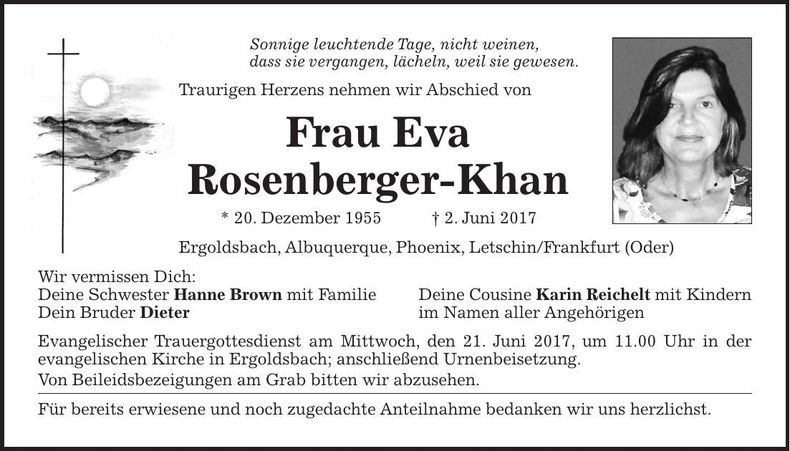 Traueranzeige Eva Rosenberger-Khan