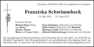 Traueranzeige Franziska Schwimmbeck