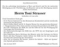 Traueranzeige Toni Strasser