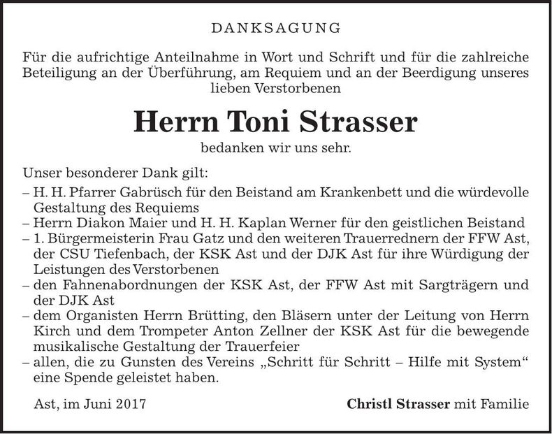 Traueranzeige Toni Strasser