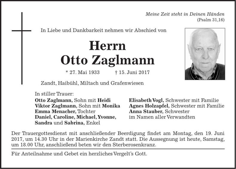 Traueranzeige Otto Zaglmann