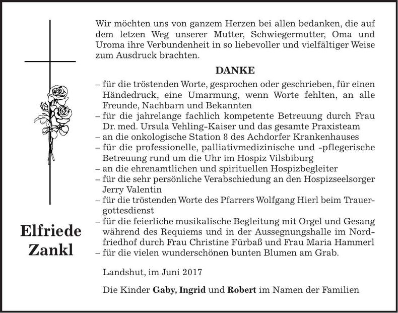 Traueranzeige Elfriede Zankl