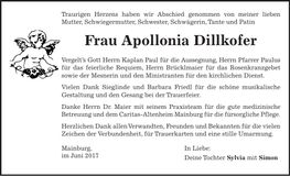 Traueranzeige Apollonia Dillkofer