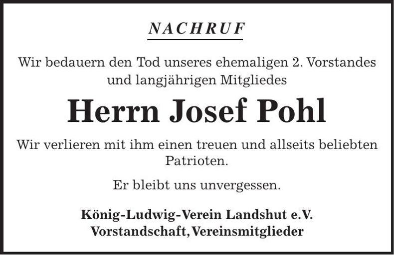 Traueranzeige Josef Pohl